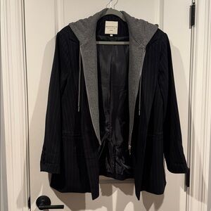Bagatelle Women's Black Pinstripe Blazer with Gray Hoodie